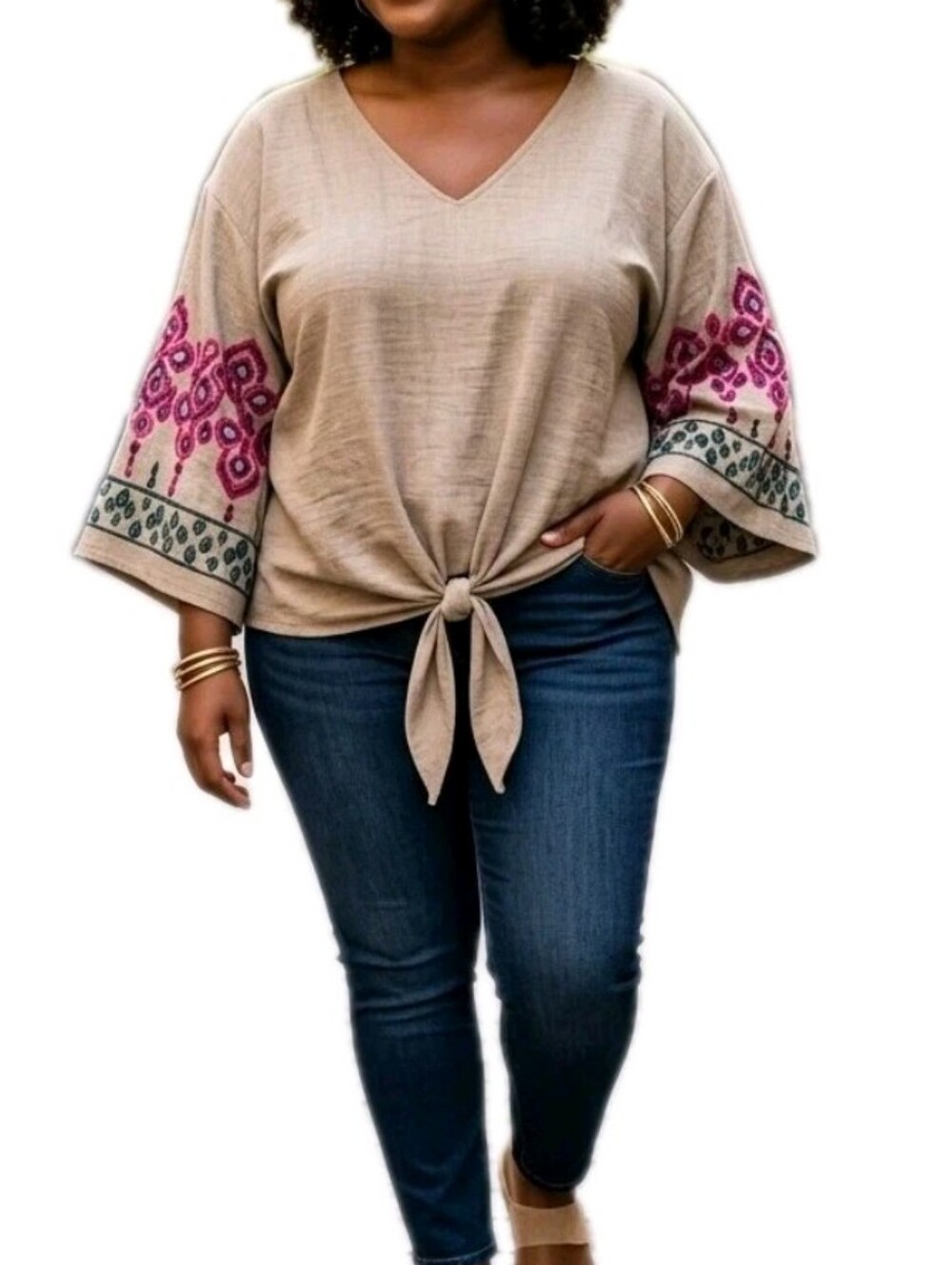 Olivia & Martin Embroidered Kimono Sleeve Tie Front Top Tan Lagenlook Boho 2X